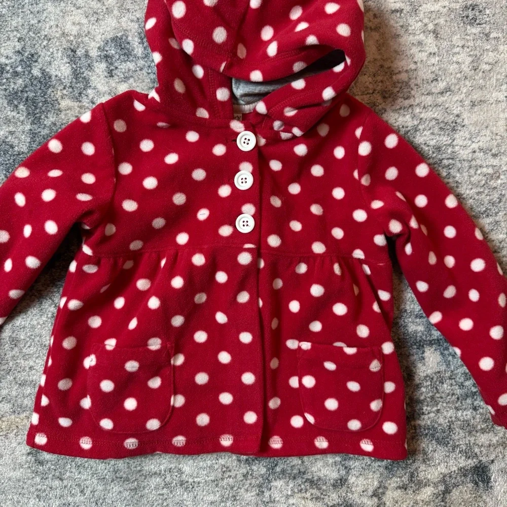 Carters Toddler Girls Red White Polka‎ Dot Fleece Button Up Hooded Jacket 3T